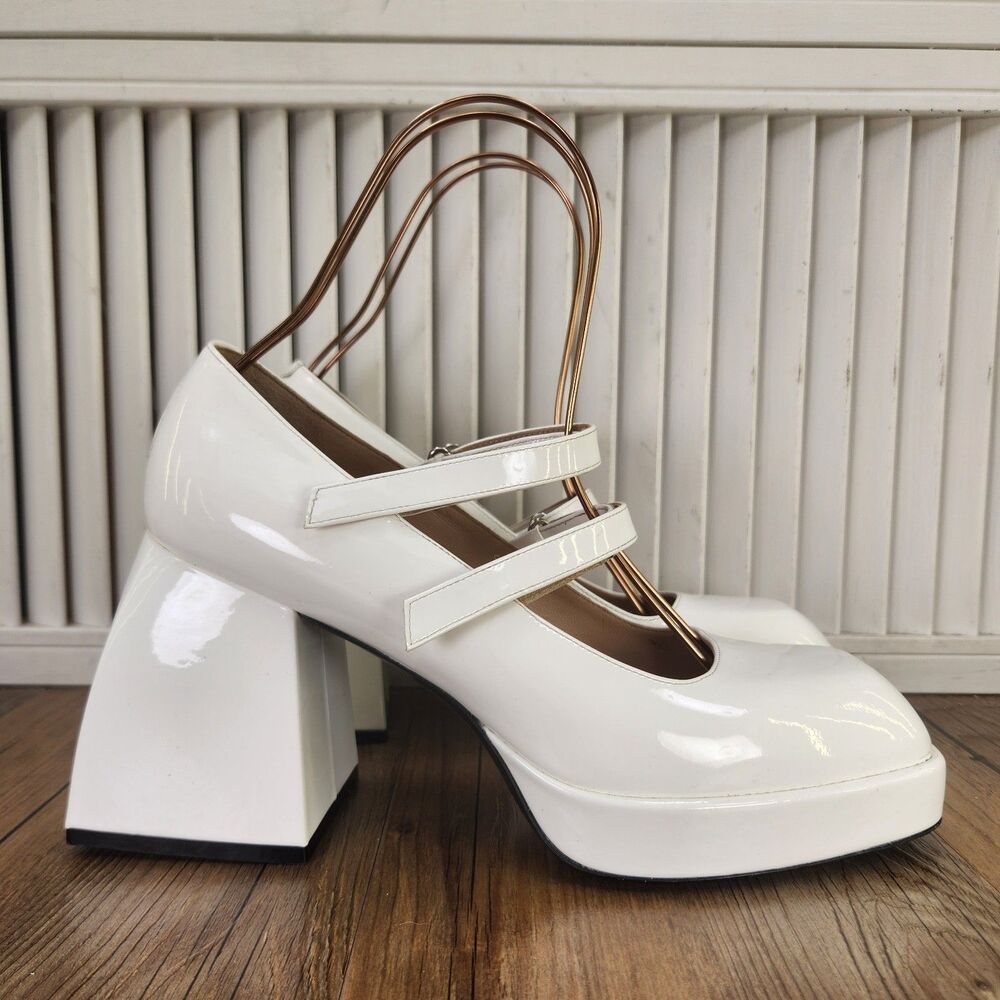 Nodaleto Bulla Babies Patent Leather Shoes Womens 9 White Chunky Mary Jane Heels